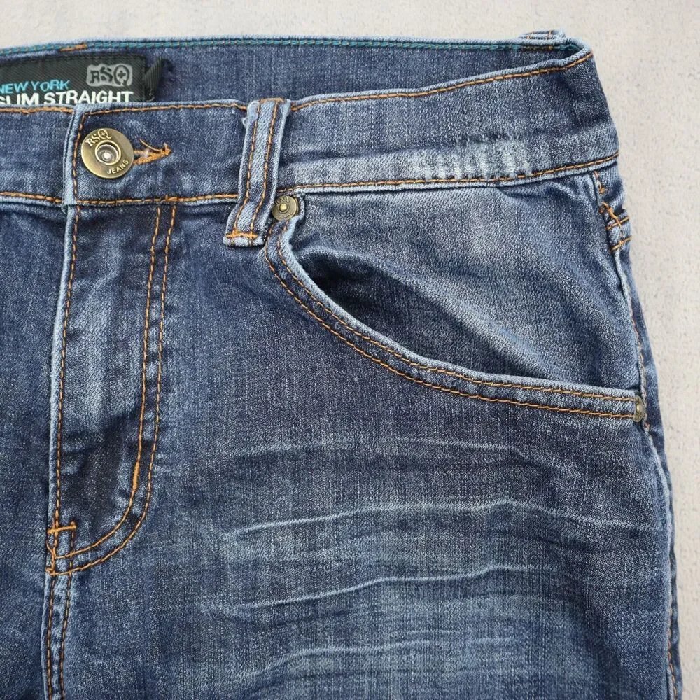 RS Pants Mens 32 Blue New York Slim Straight Mid Rise Zip Dark Wash Denim Jeans